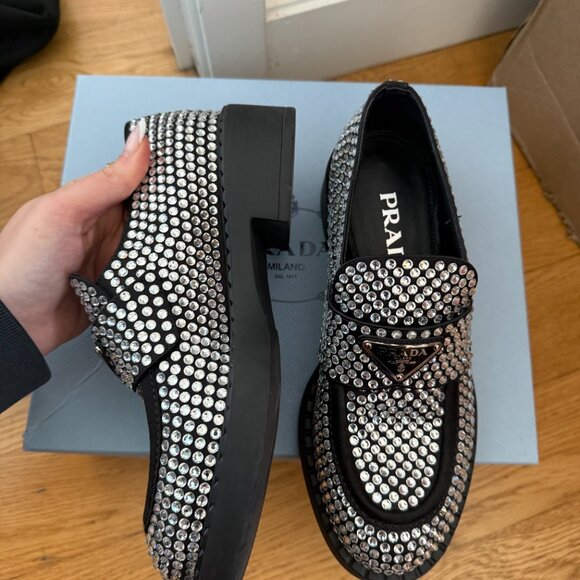 Prada Loafers Black Satin Crystal Embellished Metal Triangle Logo Sz 37 - Picture 10 of 14